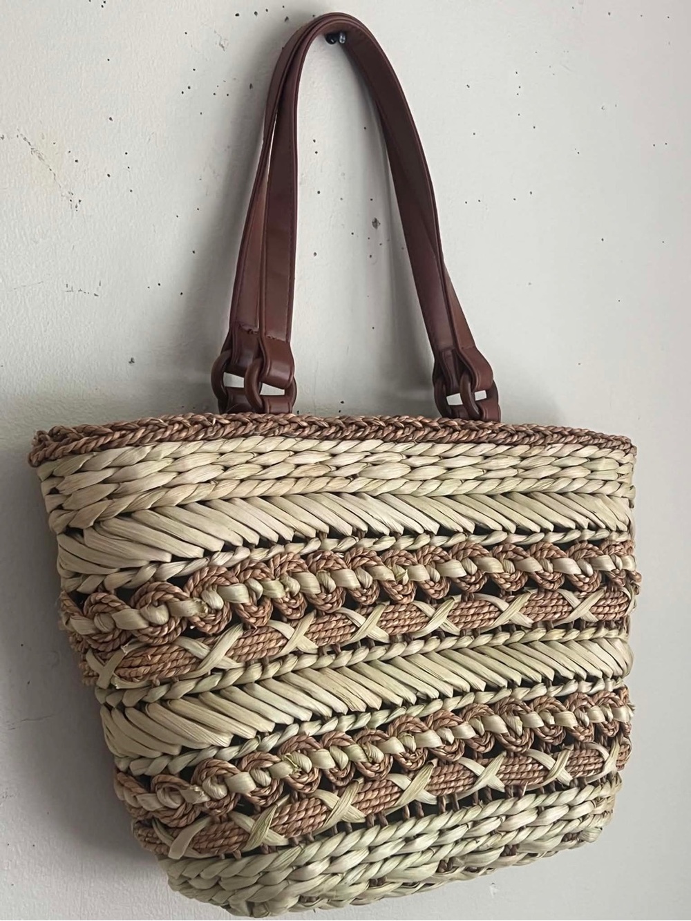 Handwoven Straw Tote with Brown Handles- Missing Top Zipper**